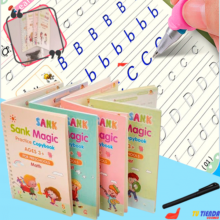 📚 Kit 4 Cuadernos Caligrafía Reutilizables + Tinta Mágica x10  + Goma Correctora✍️ Español e Ingles